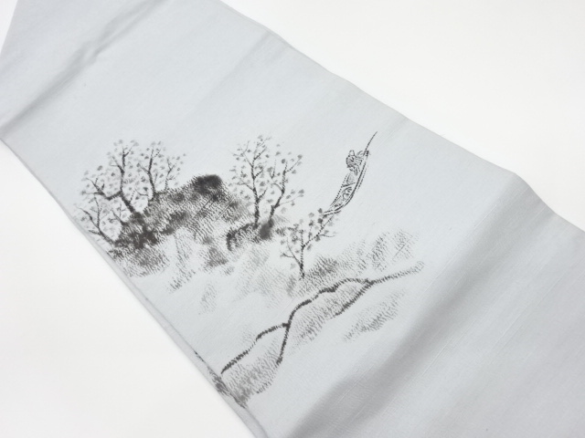 リサイクル　上代紬手描き木々に釣り人・風景模様名古屋帯